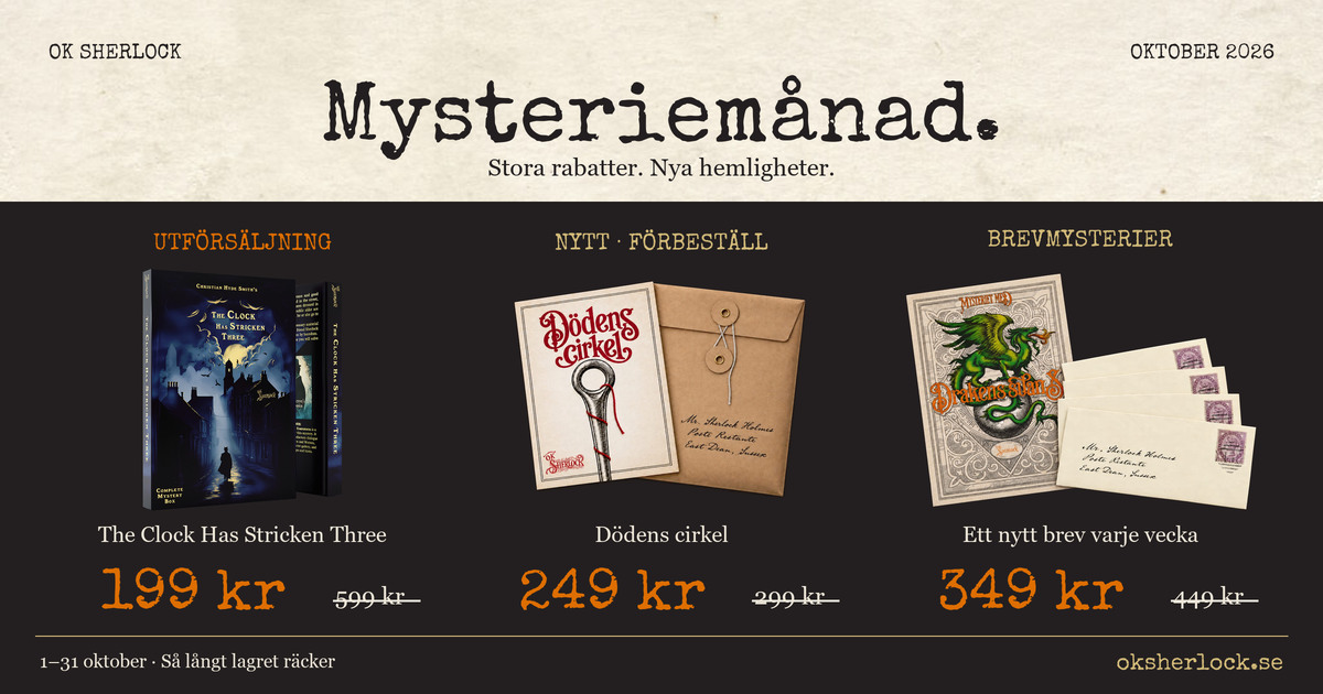 Mysteriemånad oktober 2026: The Clock Has Stricken Three 199 kr, Dödens cirkel 249 kr och brevmysterier 349 kr.